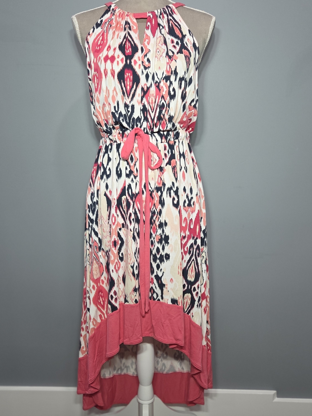 New York & Company Coral and Navy Ikat High-Low Halter Dress